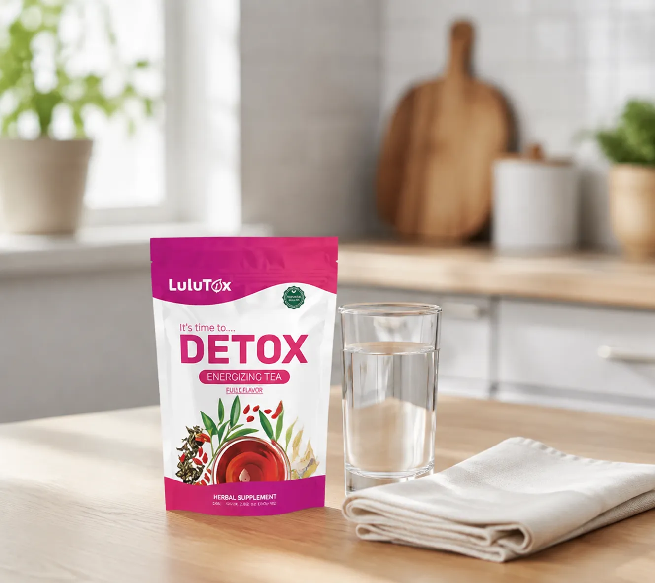 Lulutox Detox Tea — the package in everyday use
