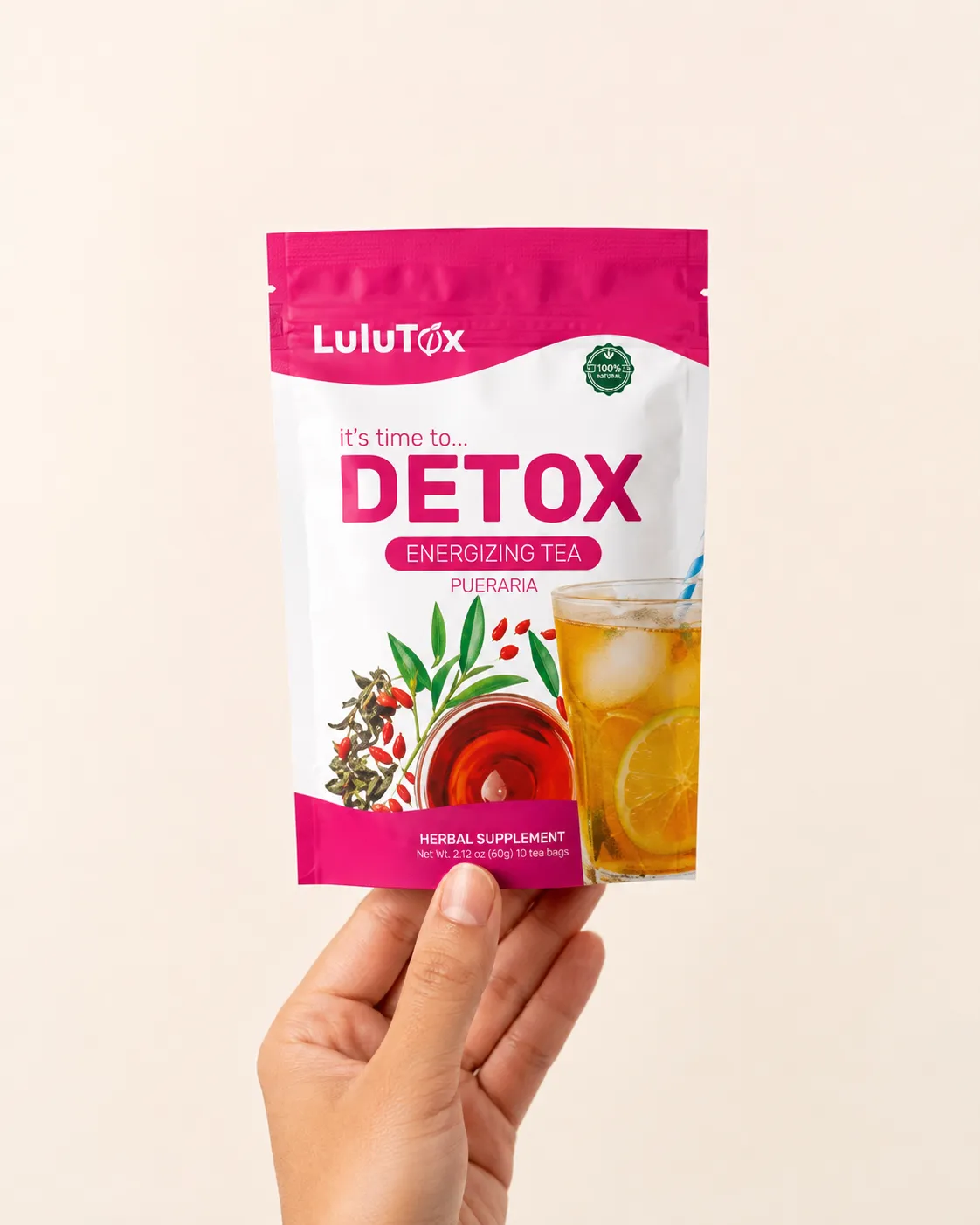Lulutox Detox Tea — the package held in a hand